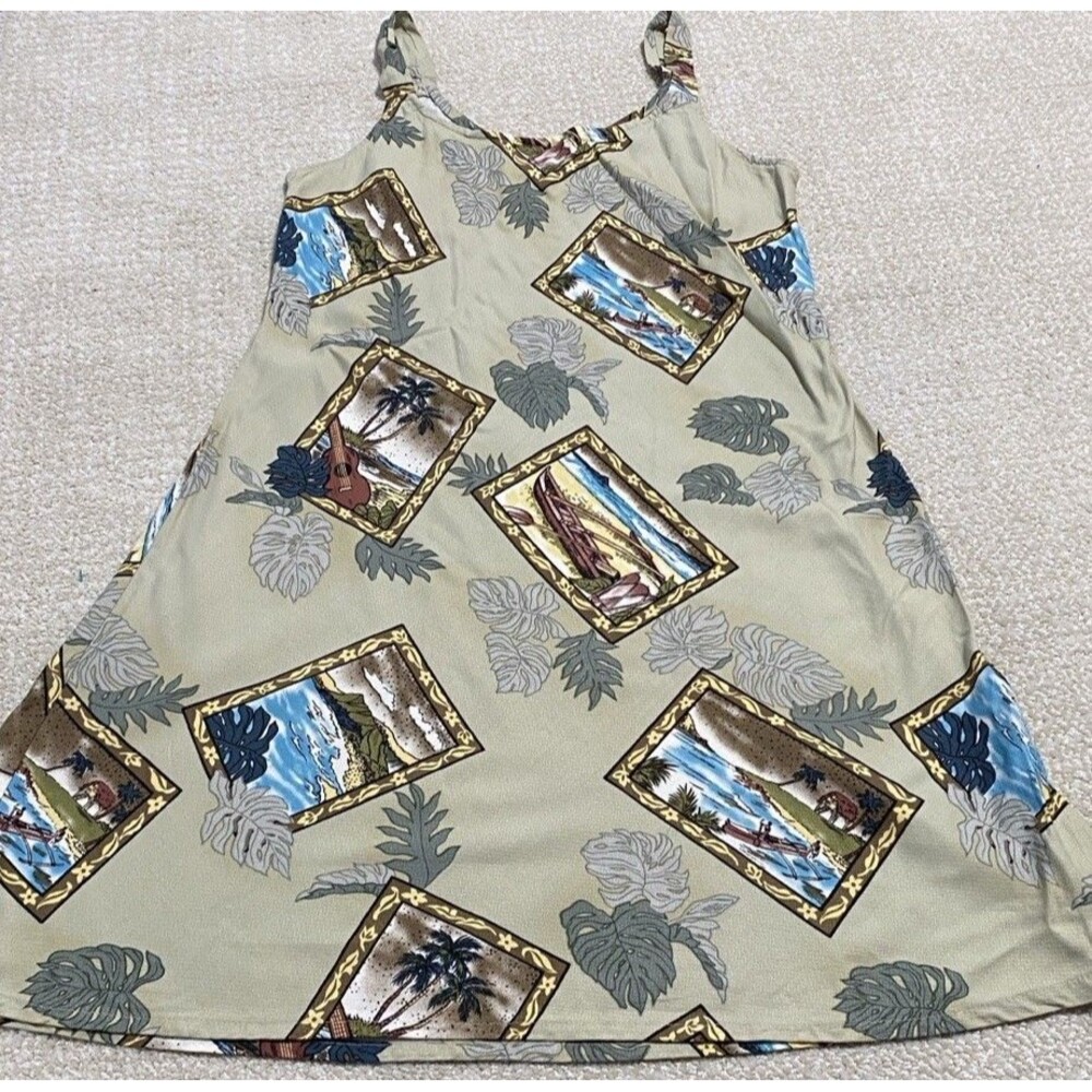 Hilo Hattie Hawaiian Dobby Rayon Sundress Beige Blue Green Size L